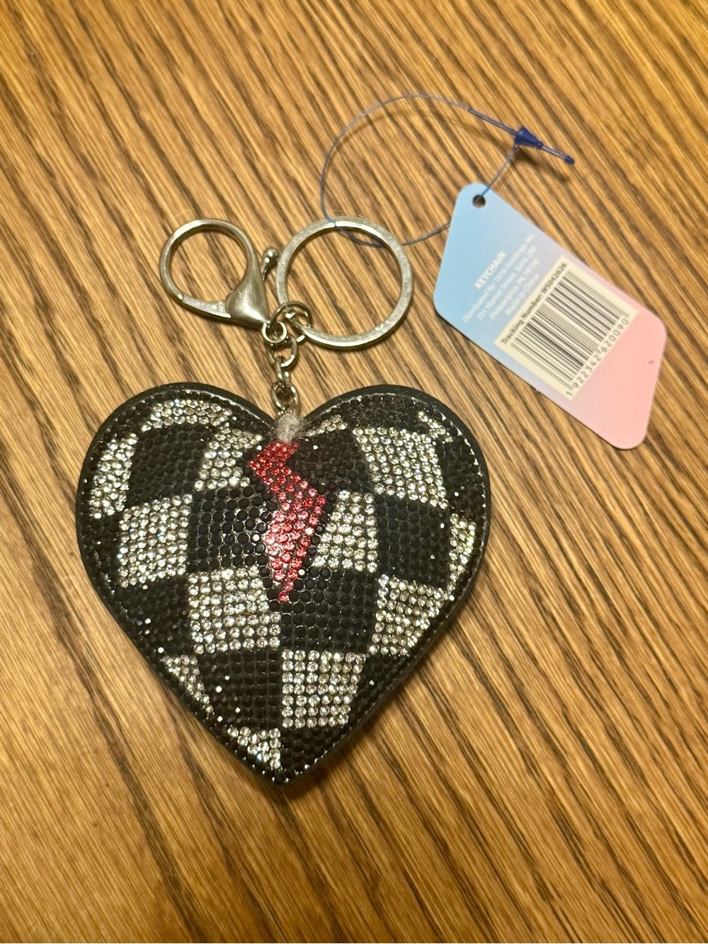Checkered Heart Rhinestone Bag Charm Keychain Black White Pink Sparkly Purse Acc